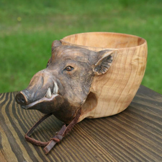 “Hand-Carved Wooden Kuksa Mug – Scandinavian Style Wild Boar Cup for Camping, Coffee, and Outdoor Adventures | Rustic Handmade Gift for Christmas”