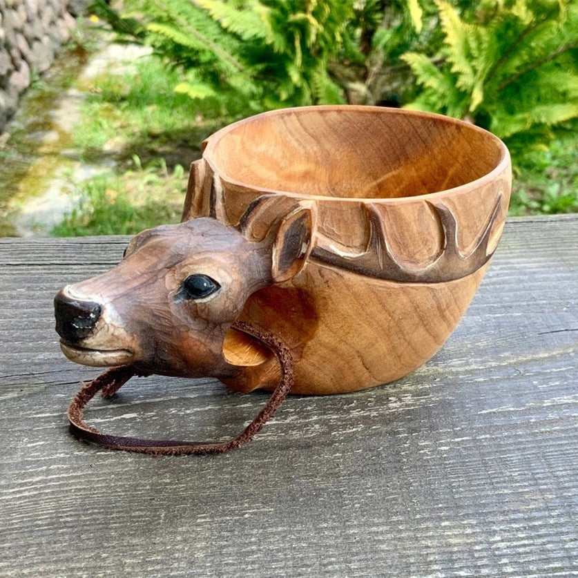 “Hand-Carved Wooden Kuksa Mug – Scandinavian Style Wild Boar Cup for Camping, Coffee, and Outdoor Adventures | Rustic Handmade Gift for Christmas”