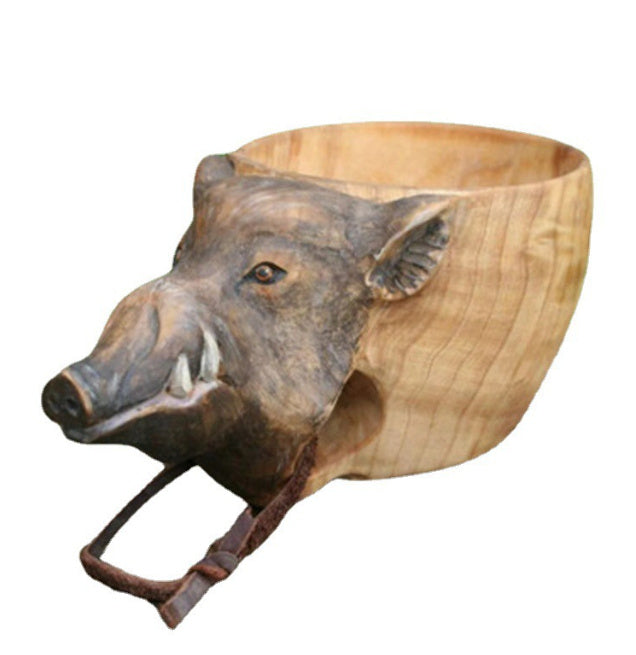“Hand-Carved Wooden Kuksa Mug – Scandinavian Style Wild Boar Cup for Camping, Coffee, and Outdoor Adventures | Rustic Handmade Gift for Christmas”